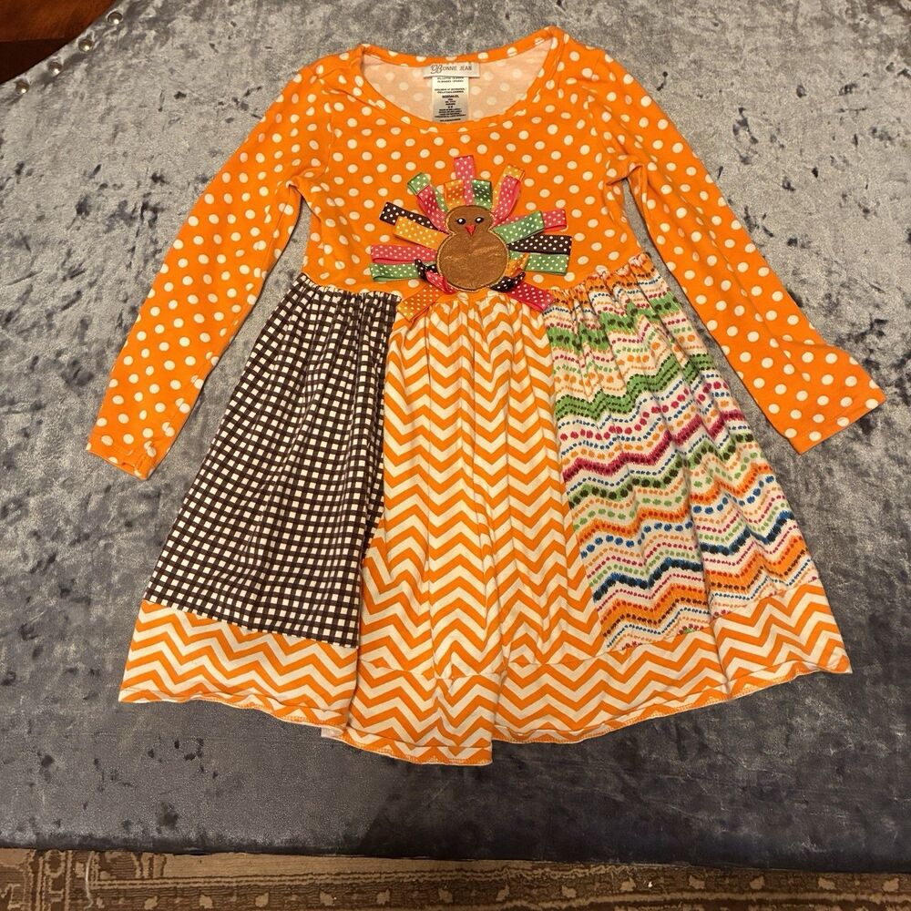 Bonnie Jean Fall Thanksgiving multiprint orange dress w/a turkey & ribbons. sz 6
